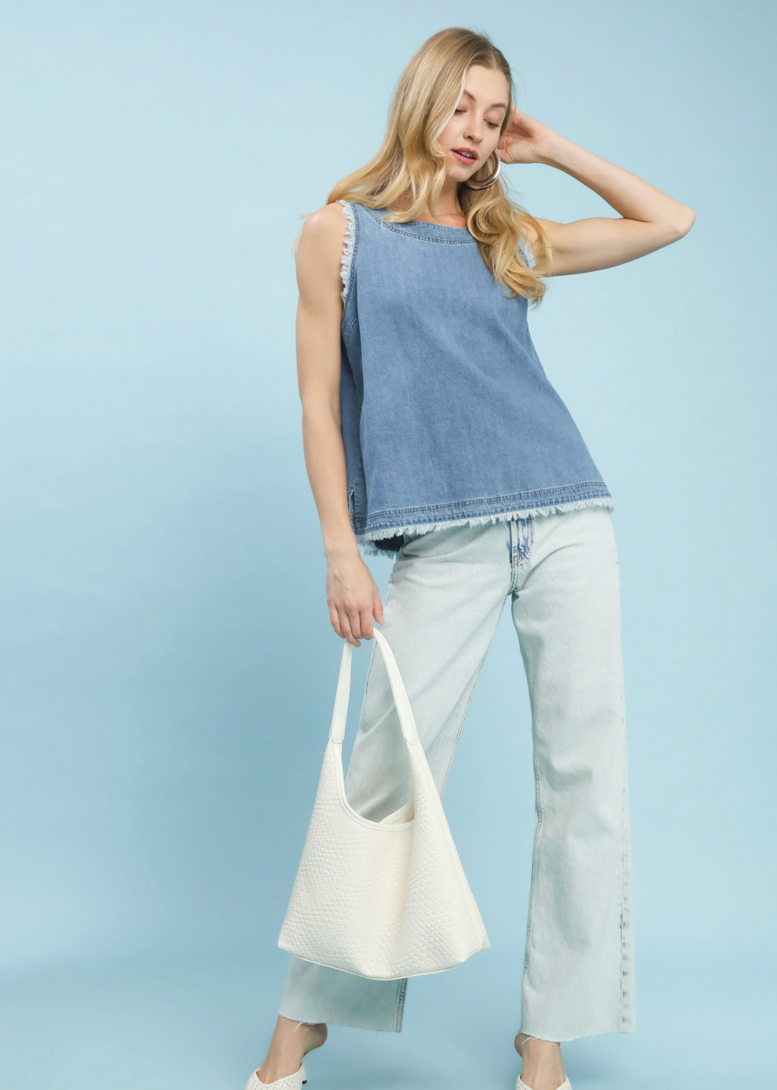 Umgee W Denim Sleeveless Button Back Top LT DENIM