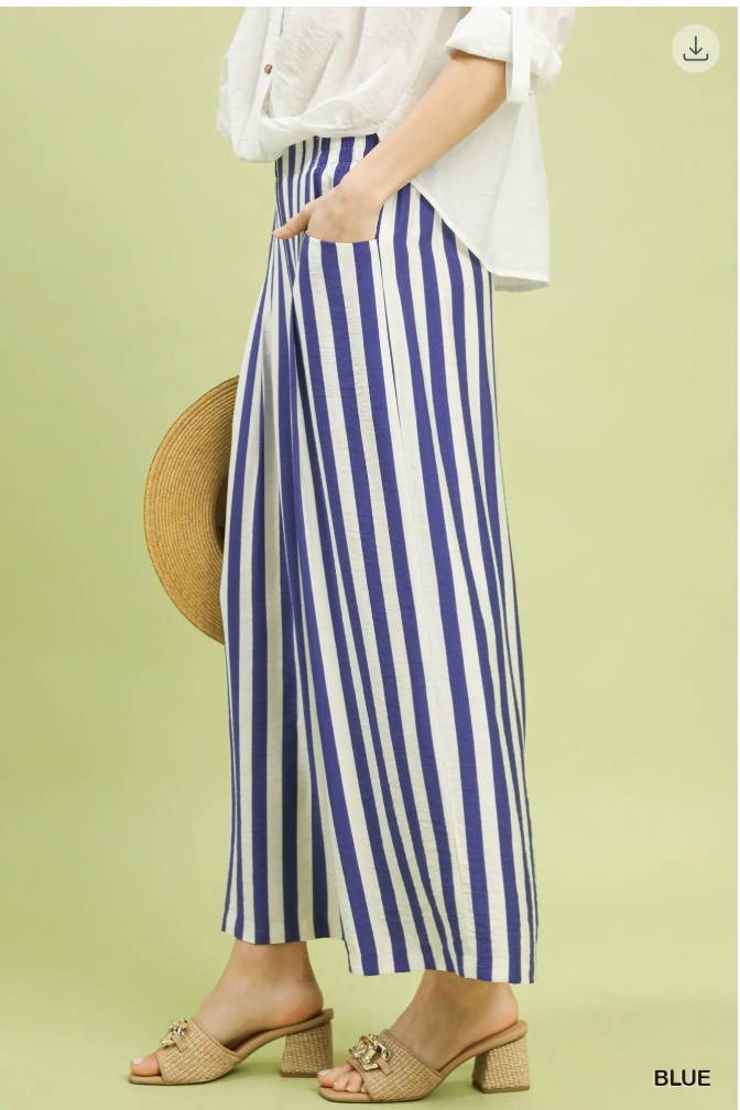 Umgee W Stripe Pleated Wide Leg Pants BLUE
