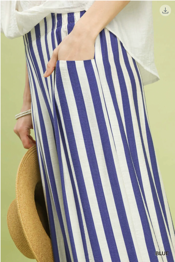 Umgee W Stripe Pleated Wide Leg Pants BLUE