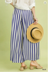 Umgee W Stripe Pleated Wide Leg Pants BLUE