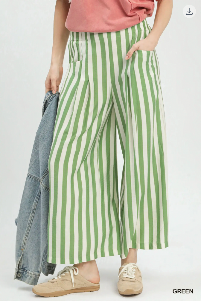 Umgee W Stripe Pleated Wide Leg Pants GREEN