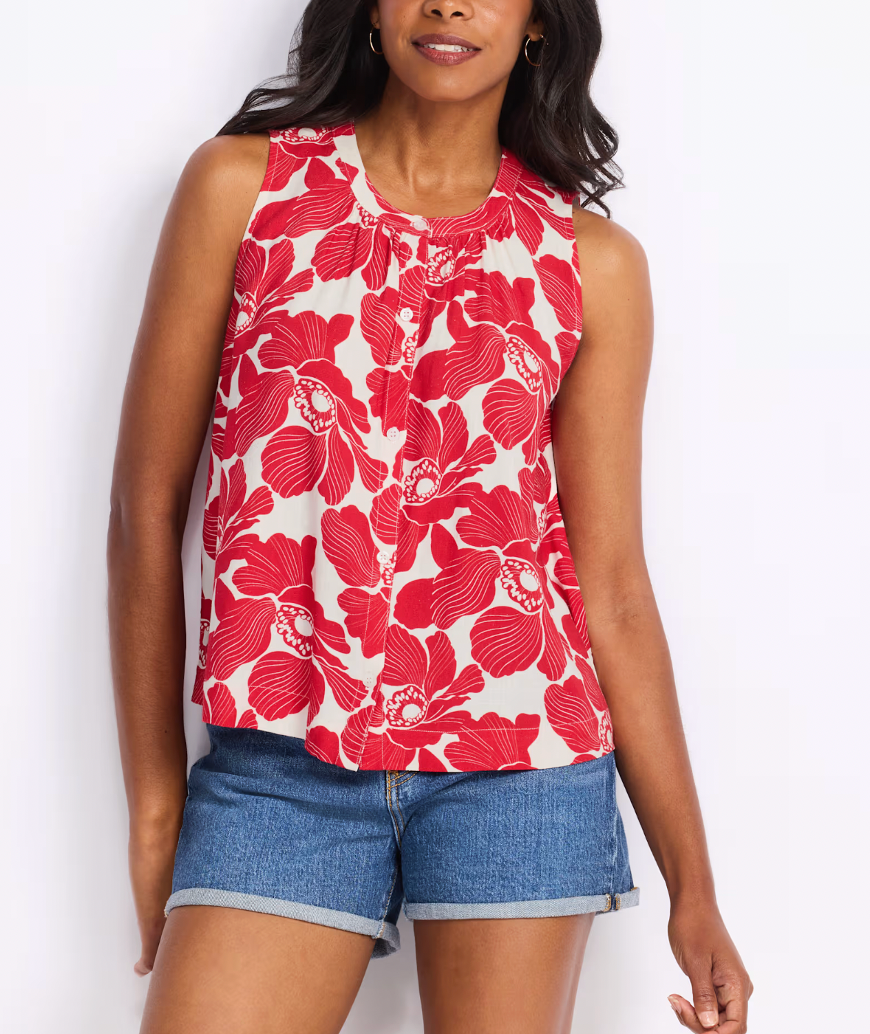 Flag & Anthem W Marina Printed Button Front Tank RED