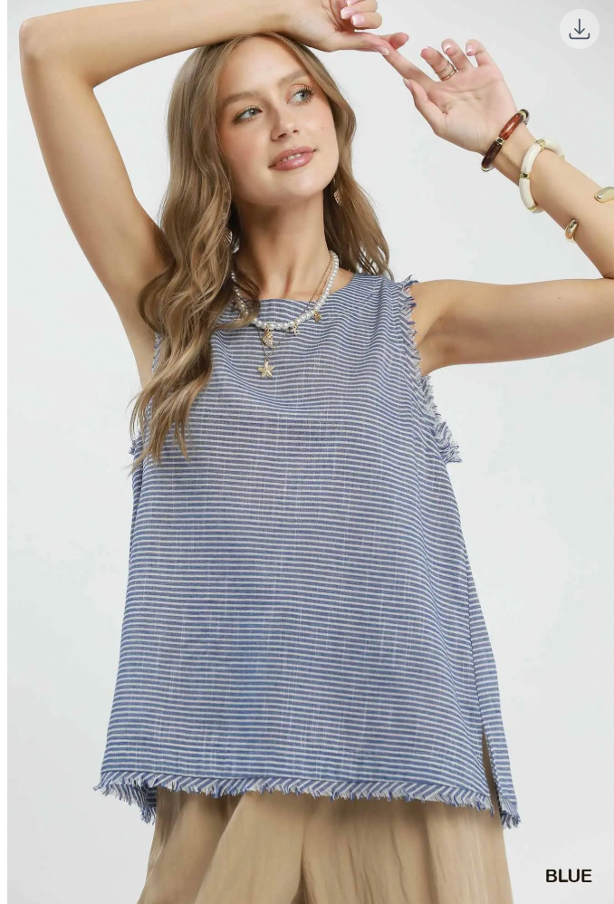 Umgee W Stripe Sleeveless Tank w/ Fray Hem BLUE