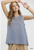 Umgee W Stripe Sleeveless Tank w/ Fray Hem BLUE