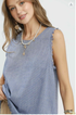 Umgee W Stripe Sleeveless Tank w/ Fray Hem BLUE