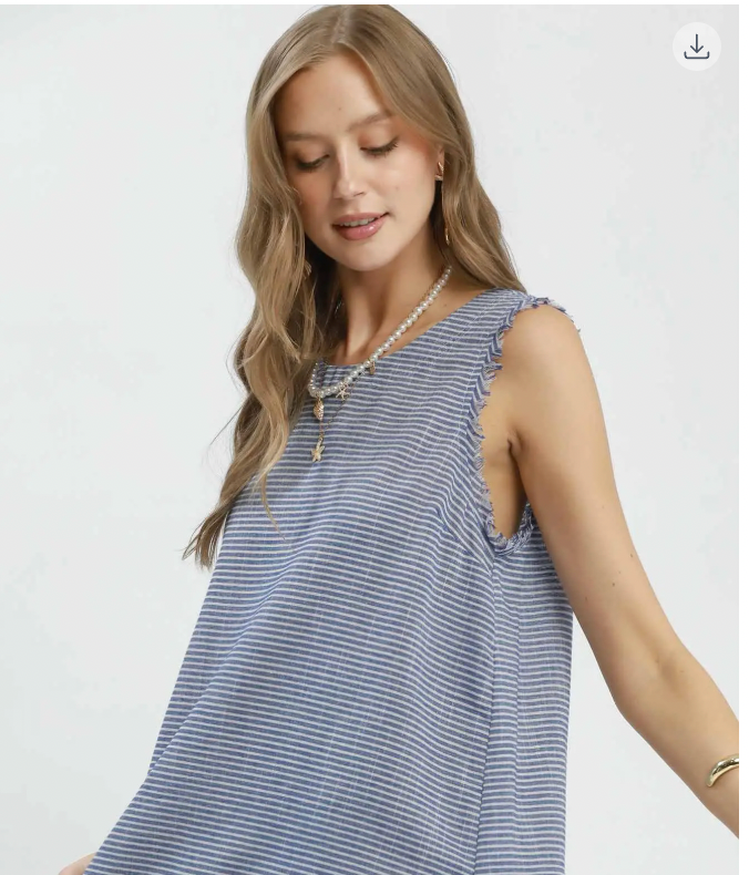 Umgee W Stripe Sleeveless Tank w/ Fray Hem BLUE