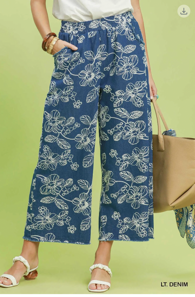 Umgee W Embroidered Chambray Wide Leg Pant LT DENIM