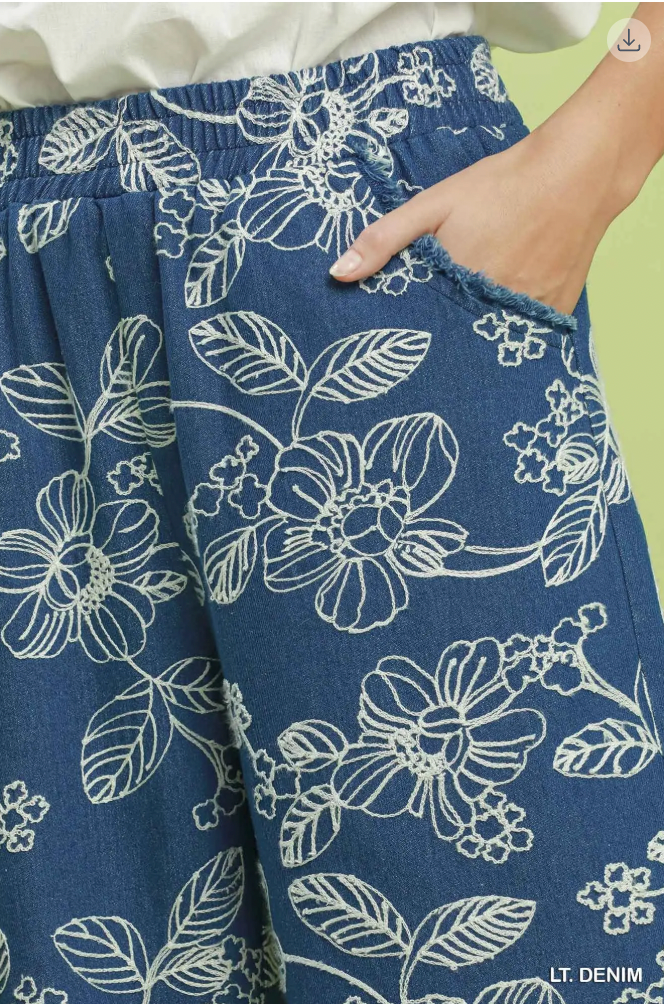 Umgee W Embroidered Chambray Wide Leg Pant LT DENIM