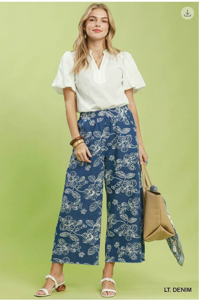 Umgee W Embroidered Chambray Wide Leg Pant LT DENIM