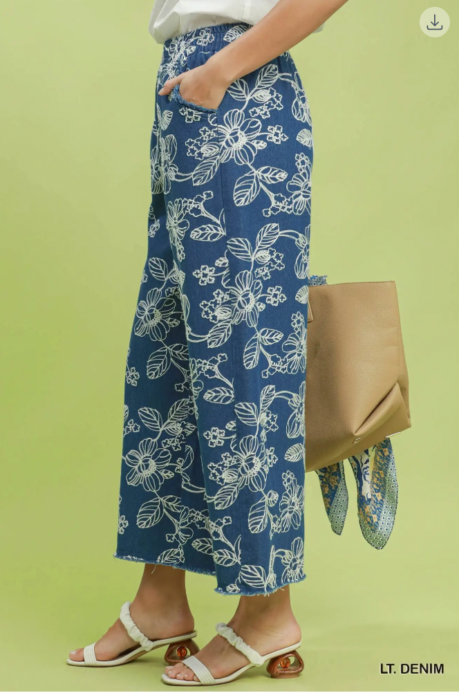 Umgee W Embroidered Chambray Wide Leg Pant LT DENIM