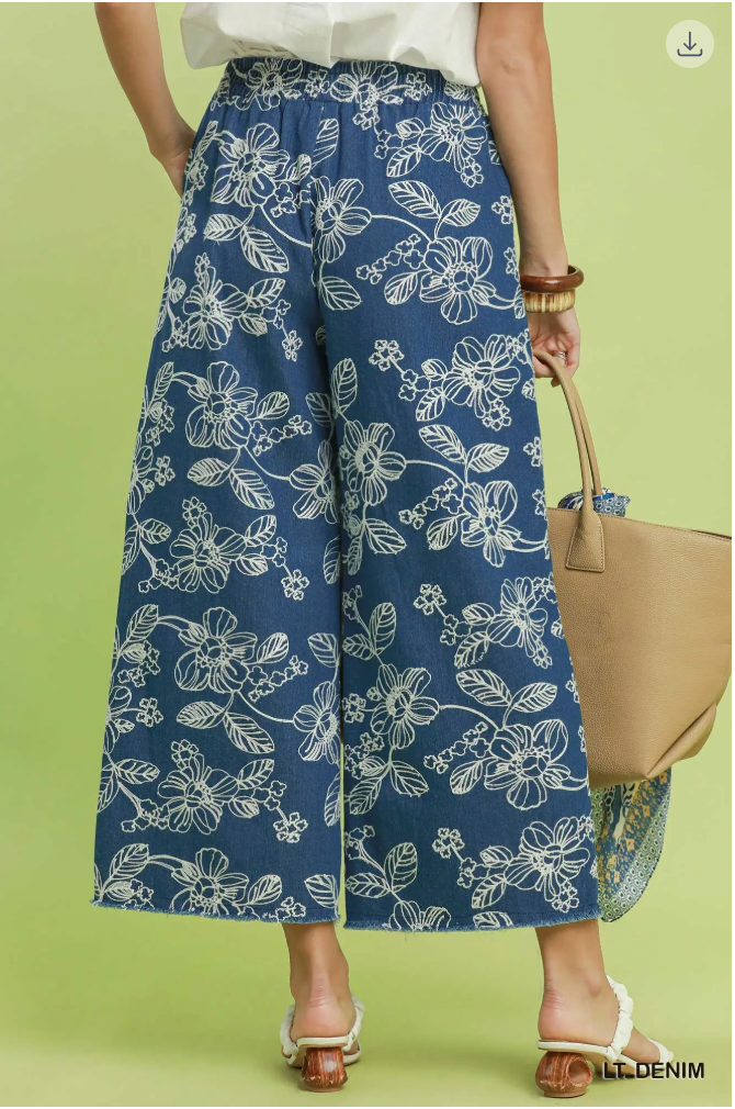 Umgee W Embroidered Chambray Wide Leg Pant LT DENIM