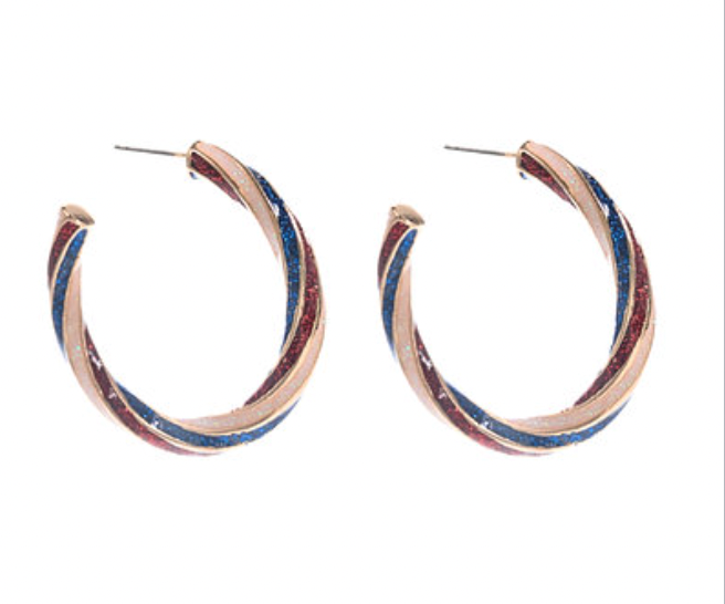 Golden Stella Twist & Glitter Hoop Earrings RED White BLUE
