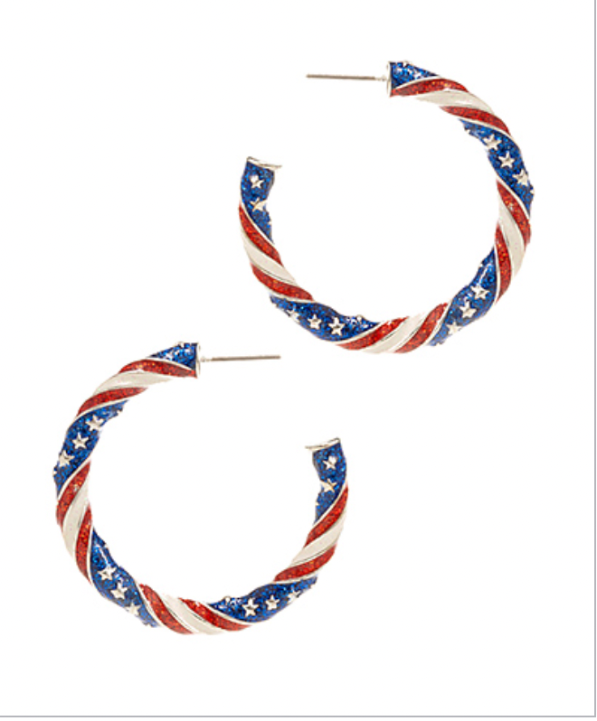 Golden Stella Patriotic Glitter Hoop Earrings RED WHITE BLUE