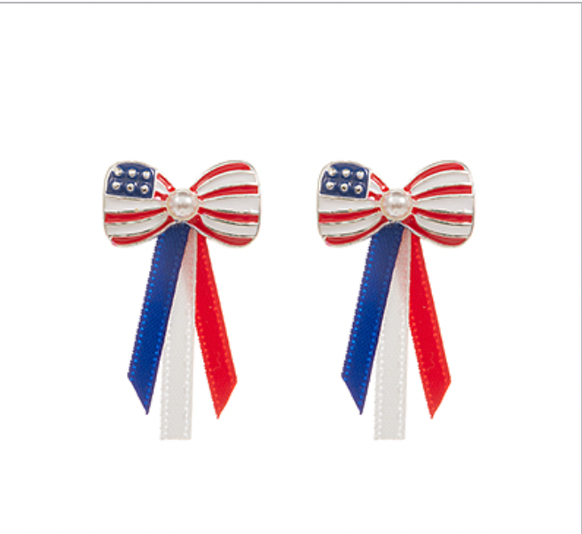 Golden Stella USA Flag Color Bow & Tails Earrings RED WHITE BLUE