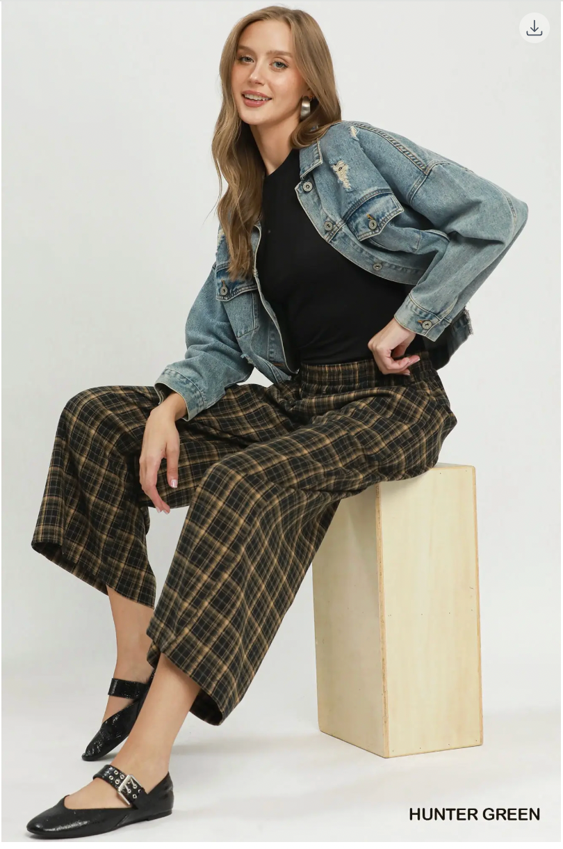Umgee W Plaid Wide Leg Pants HUNTER GREEN