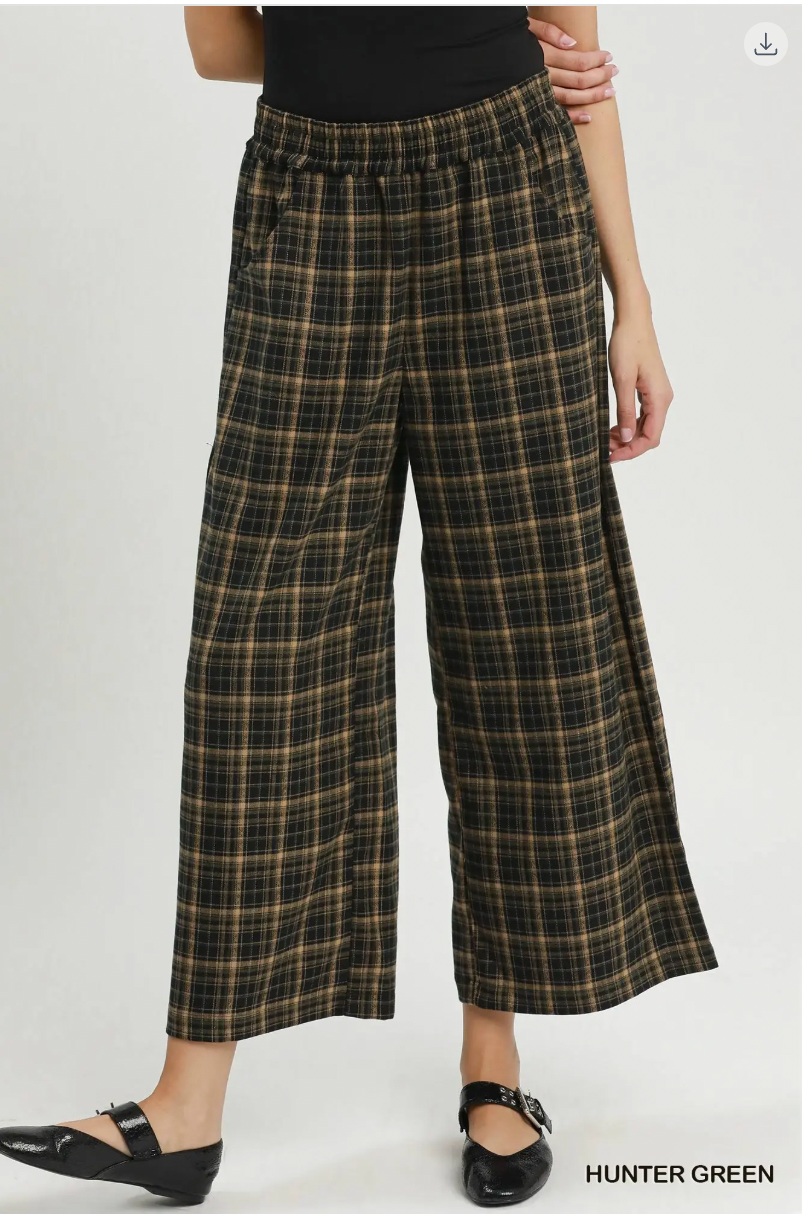 Umgee W Plaid Wide Leg Pants HUNTER GREEN