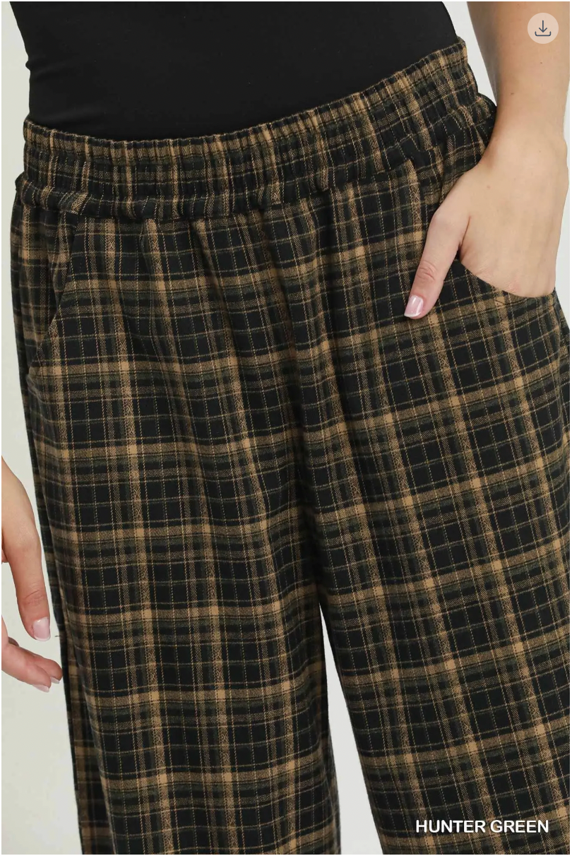 Umgee W Plaid Wide Leg Pants HUNTER GREEN