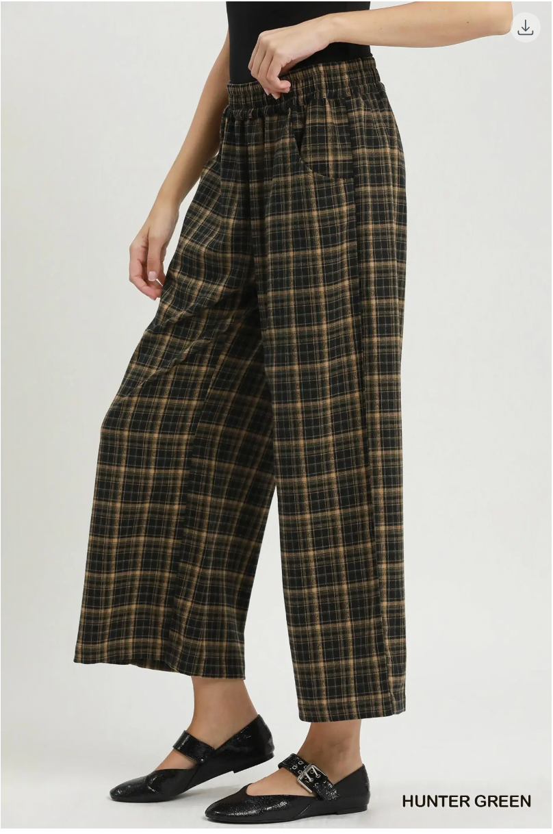 Umgee W Plaid Wide Leg Pants HUNTER GREEN