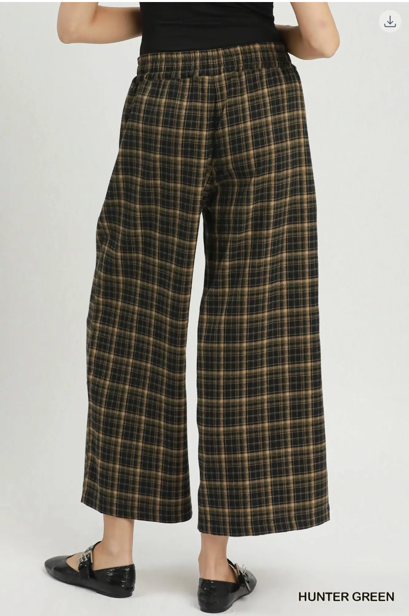 Umgee W Plaid Wide Leg Pants HUNTER GREEN