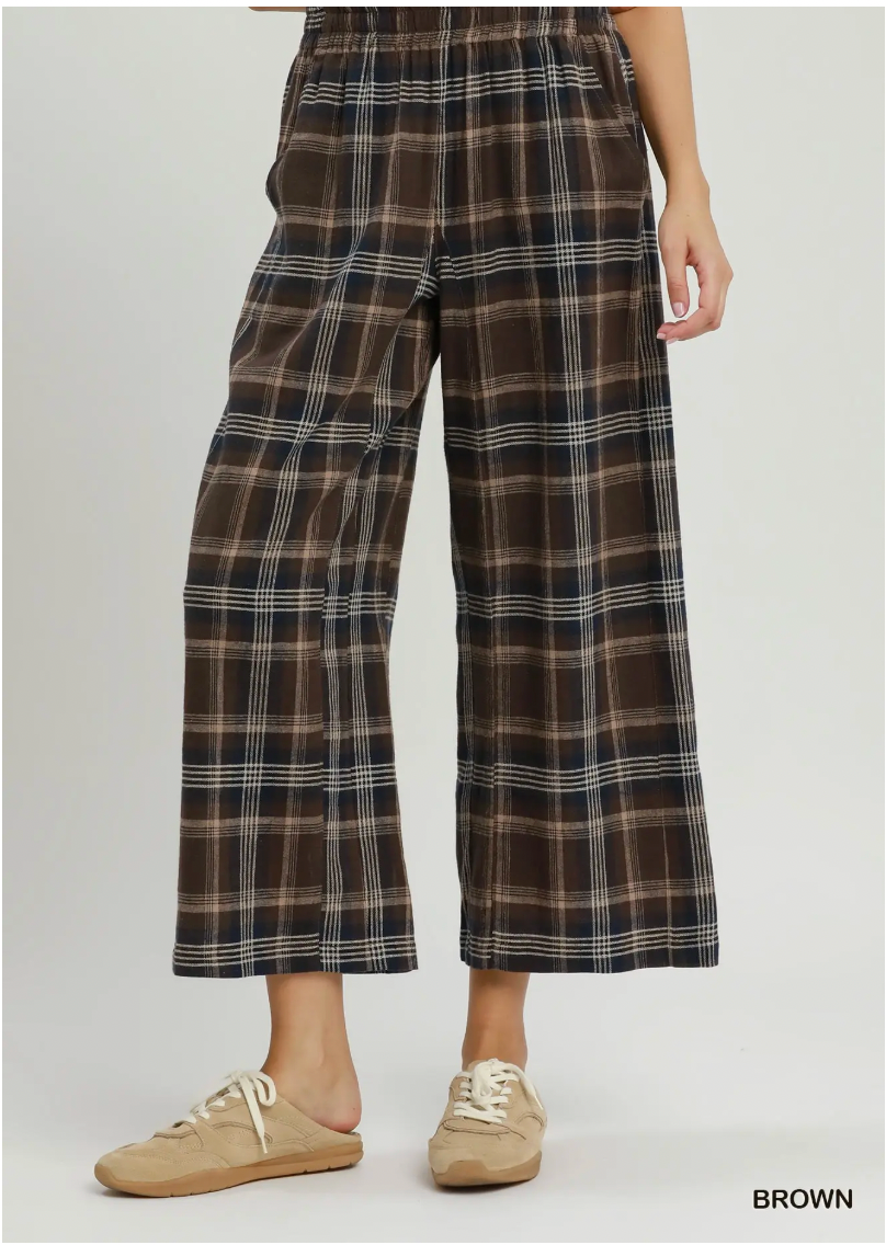 Umgee W Linen Plaid Wide Leg Crop Pants BROWN