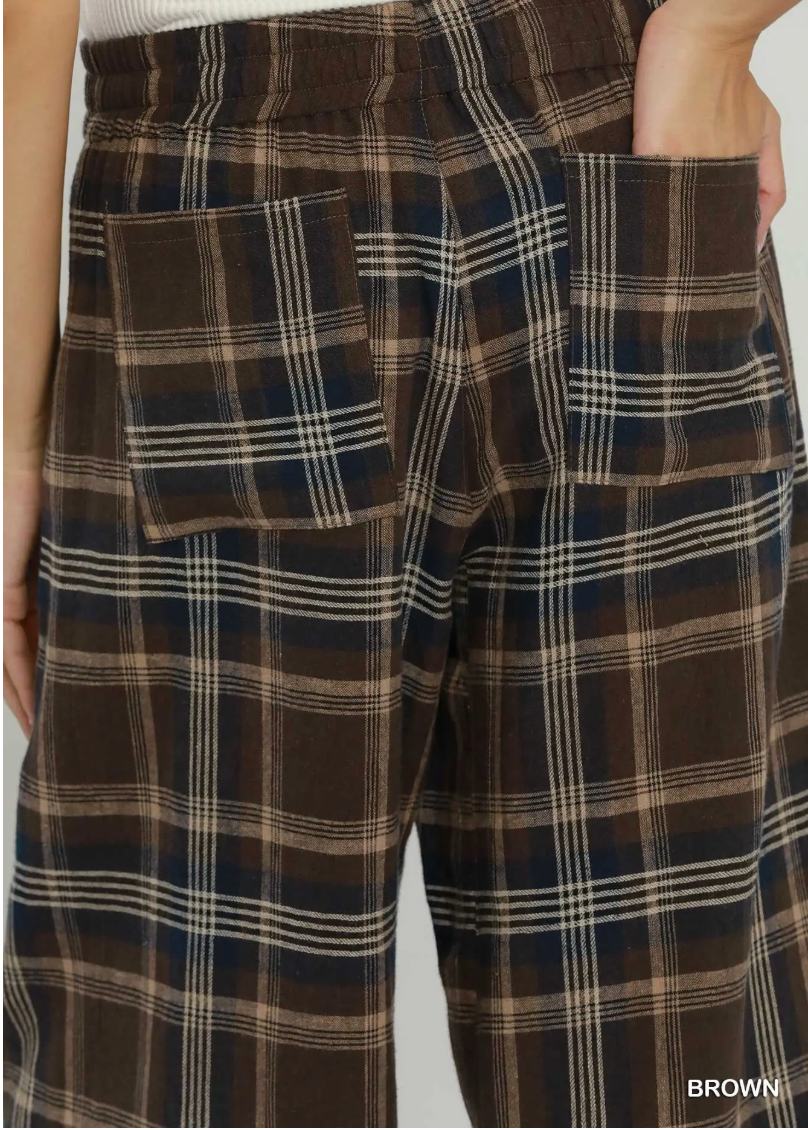 Umgee W Linen Plaid Wide Leg Crop Pants BROWN