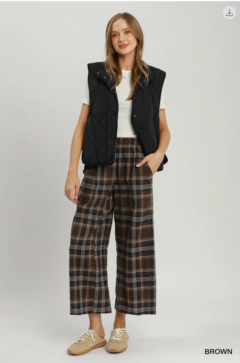 Umgee W Linen Plaid Wide Leg Crop Pants BROWN