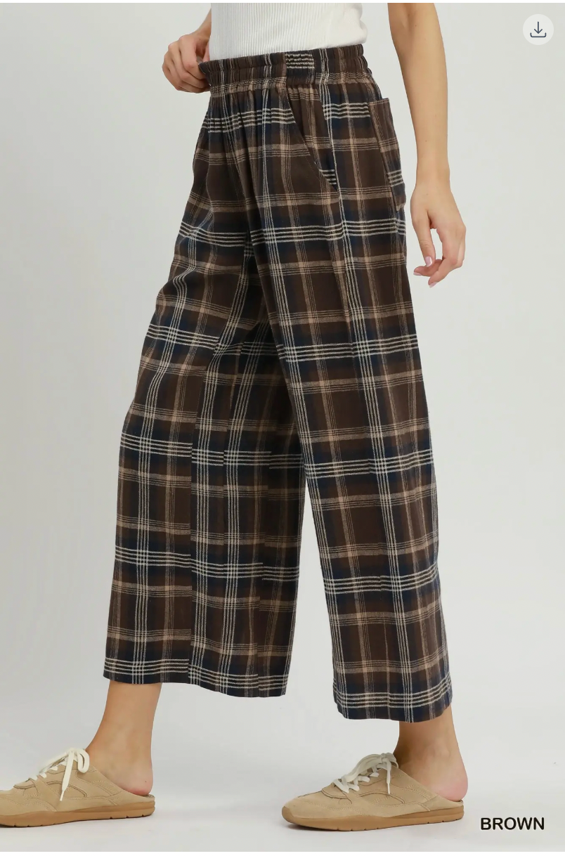 Umgee W Linen Plaid Wide Leg Crop Pants BROWN
