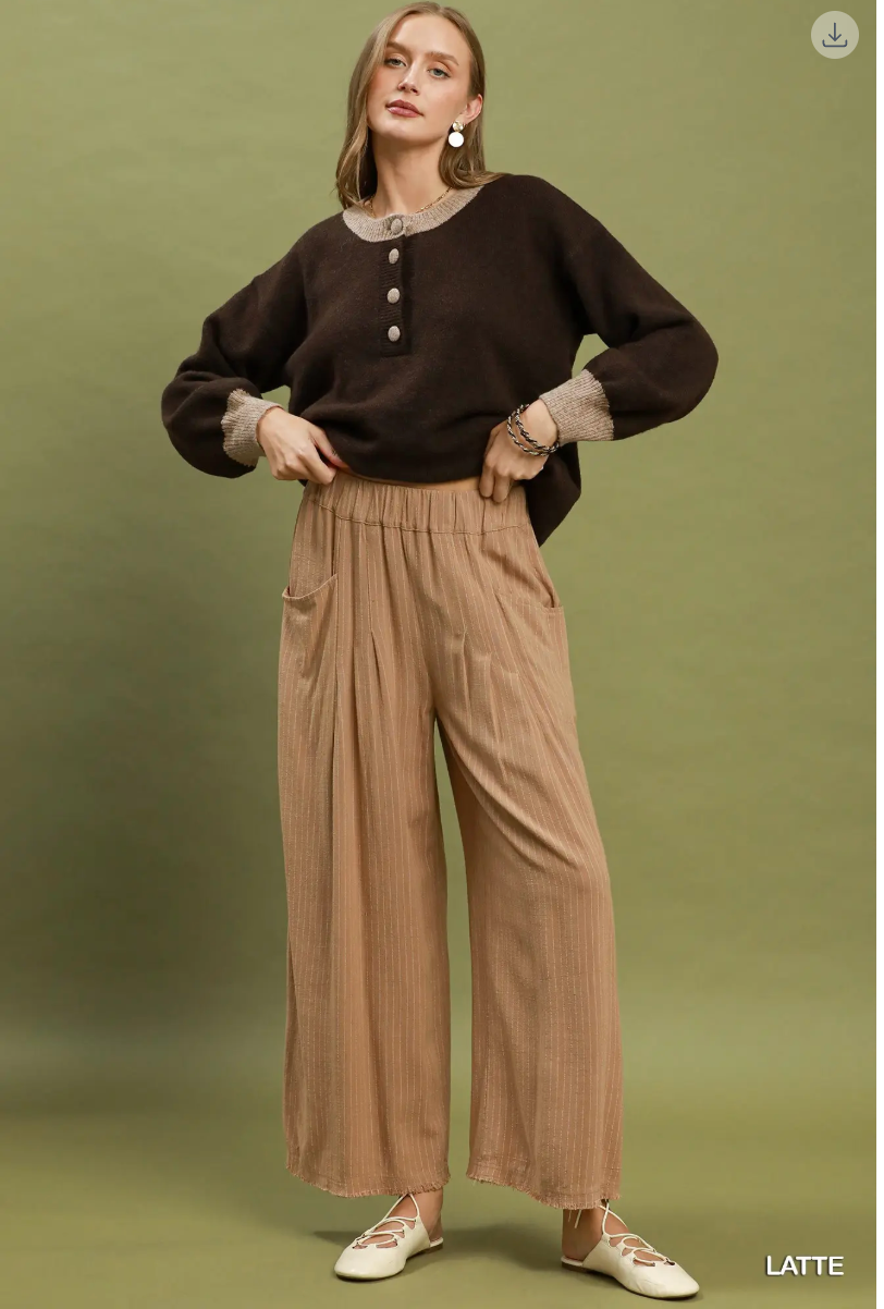 Umgee W Linen Pinstripe Wide Leg Pants LATTE