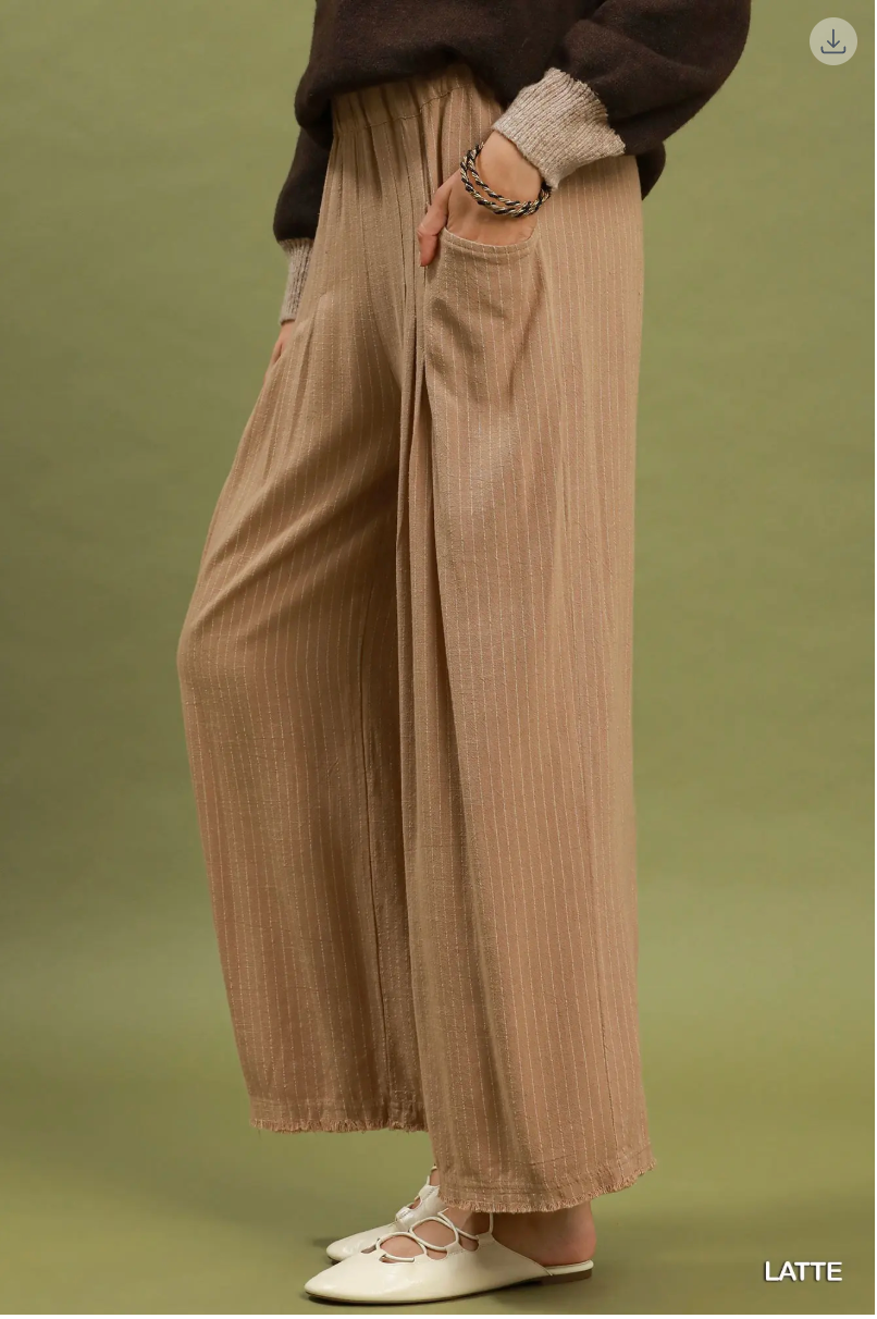 Umgee W Linen Pinstripe Wide Leg Pants LATTE