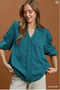 Umgee W LS Ruffle Trim V-Neck Blouse TEAL BLUE
