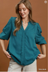 Umgee W LS Ruffle Trim V-Neck Blouse TEAL BLUE