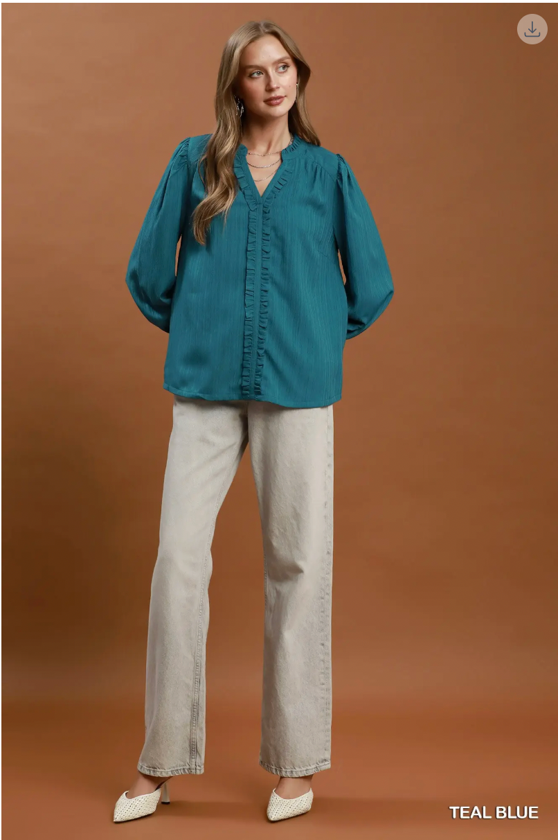 Umgee W LS Ruffle Trim V-Neck Blouse TEAL BLUE