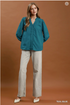 Umgee W LS Ruffle Trim V-Neck Blouse TEAL BLUE