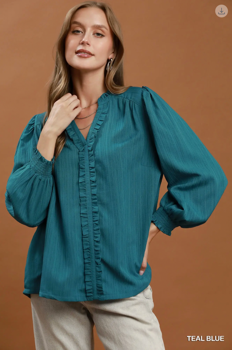 Umgee W LS Ruffle Trim V-Neck Blouse TEAL BLUE