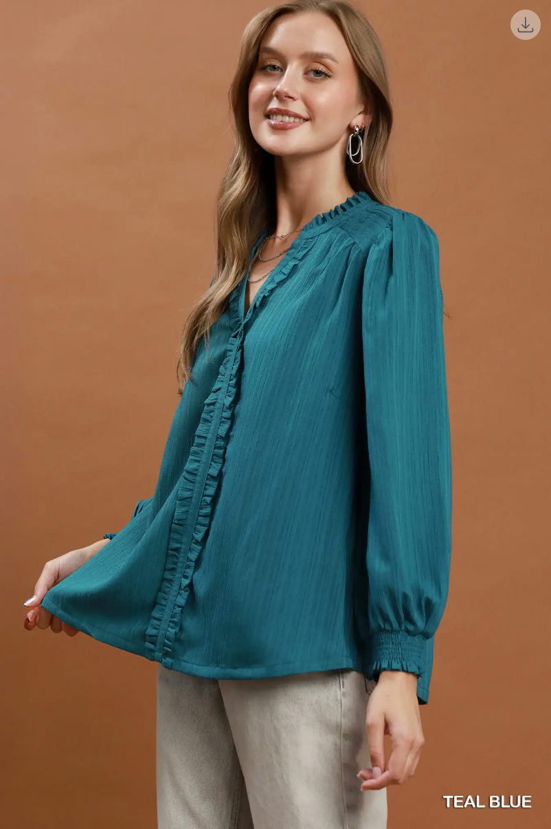 Umgee W LS Ruffle Trim V-Neck Blouse TEAL BLUE