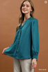 Umgee W LS Ruffle Trim V-Neck Blouse TEAL BLUE