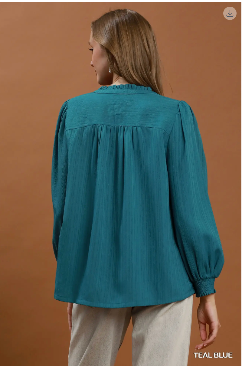 Umgee W LS Ruffle Trim V-Neck Blouse TEAL BLUE