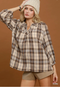 Umgee W Plaid Split Neck Blouse ECRU