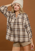 Umgee W Plaid Split Neck Blouse ECRU
