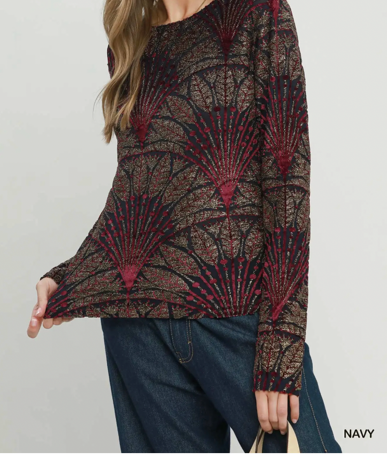 Umgee W LS Velvet Burn Out Top NAVY