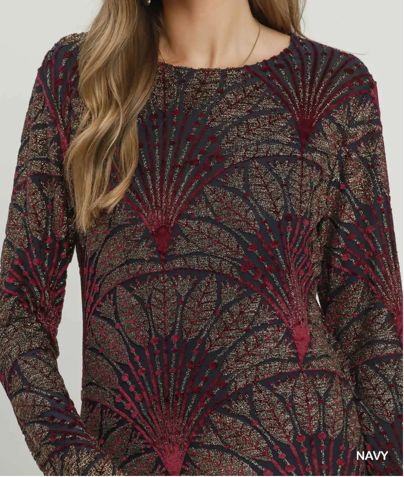 Umgee W LS Velvet Burn Out Top NAVY