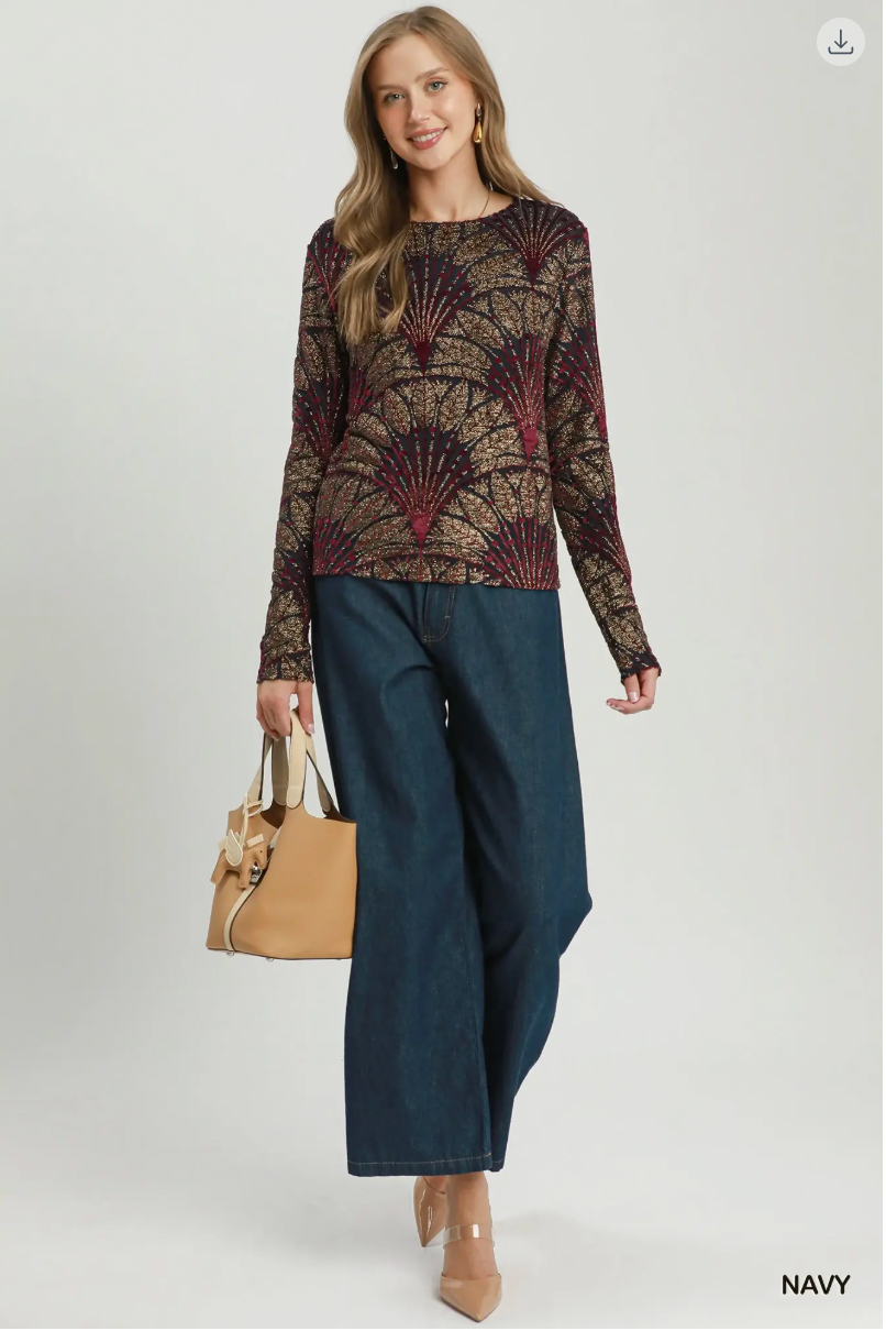 Umgee W LS Velvet Burn Out Top NAVY