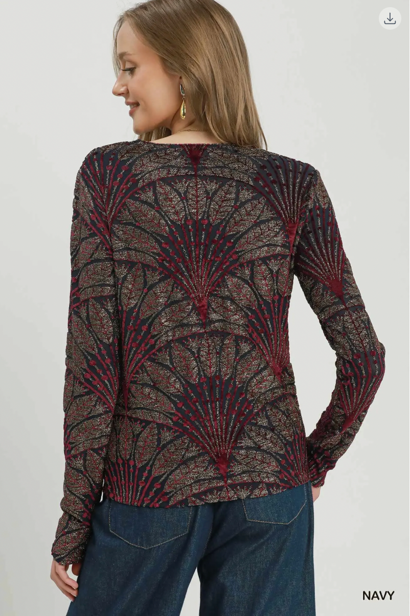 Umgee W LS Velvet Burn Out Top NAVY