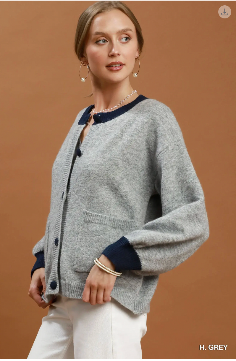 Umgee W Contrast Trim Cardigan HEATHER GREY