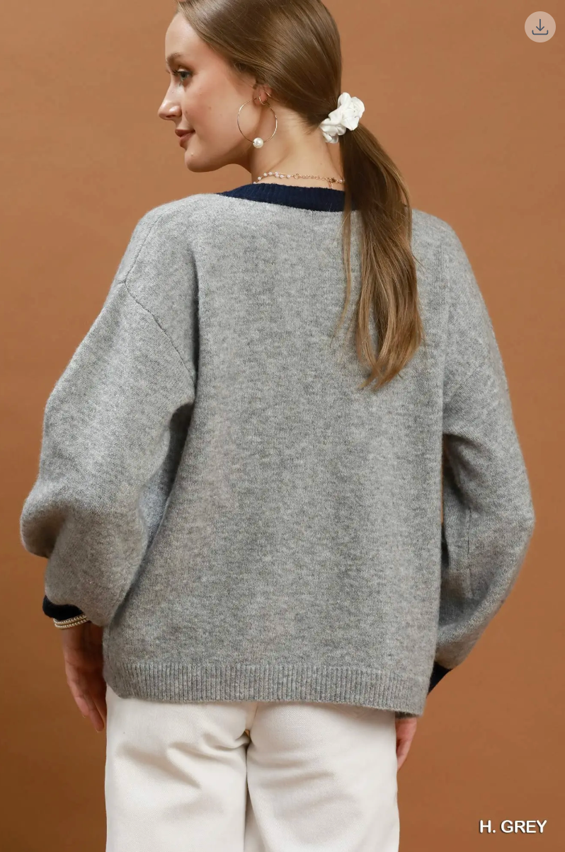 Umgee W Contrast Trim Cardigan HEATHER GREY