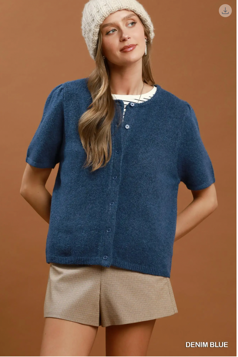 Umgee W SS Knit Cardigan Top DENIM BLUE