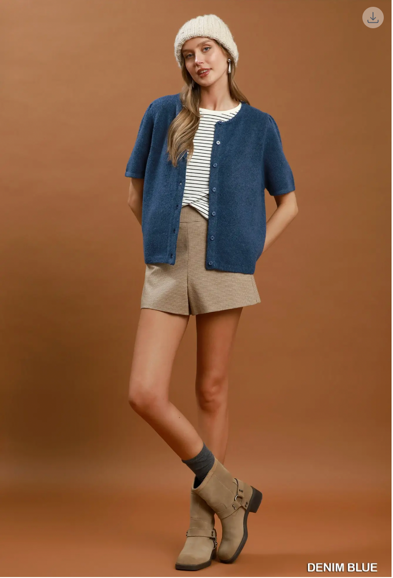 Umgee W SS Knit Cardigan Top DENIM BLUE