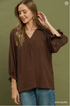 Umgee W Collared Split V-Neck Top CHOCOLATE