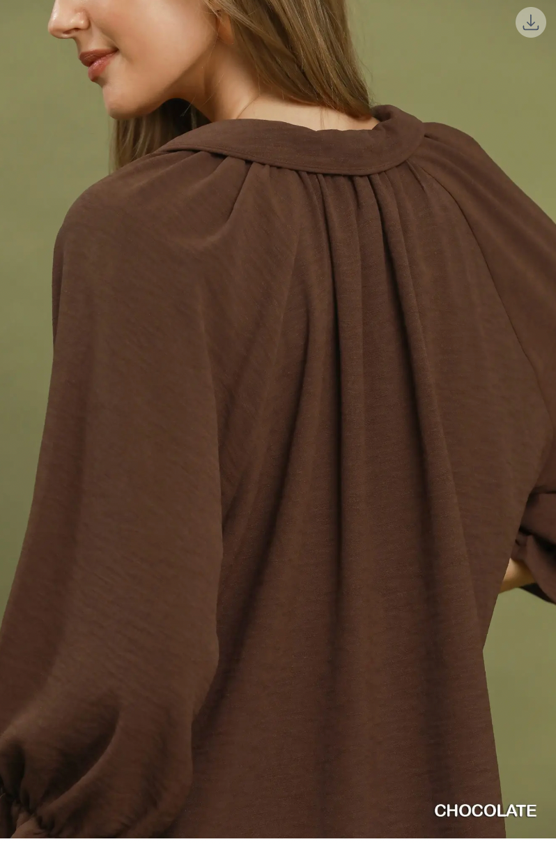 Umgee W Collared Split V-Neck Top CHOCOLATE