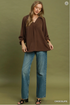 Umgee W Collared Split V-Neck Top CHOCOLATE